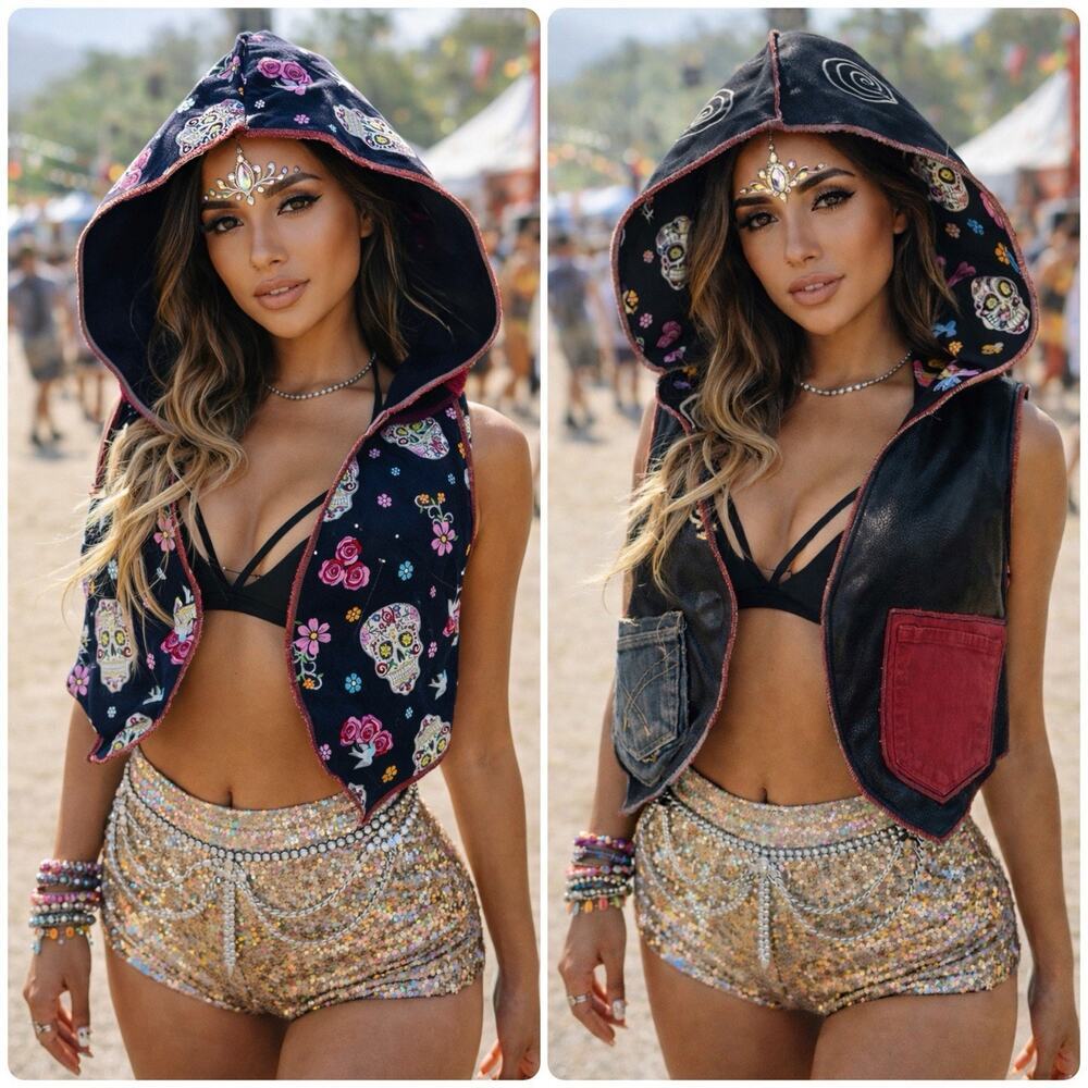 DIA DE LOS MUERTOS Skulls Vest Handmade Reversible Hooded Leather Fabric Glows